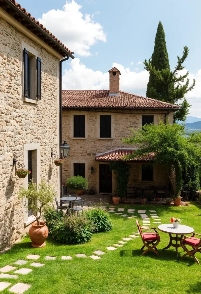 Stone house with private garden and seating.