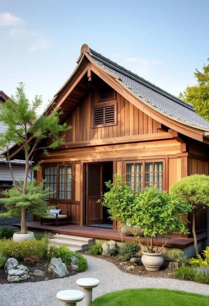 Small Japandi-style house with decorative trees