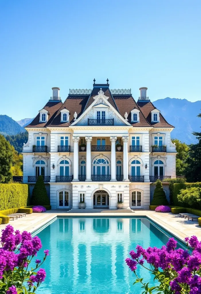 Modern Victorian home with a large pool as the focal point, framed by vibrant flowers, with a backdrop of mountains, showcasing luxurious design and natural beauty.