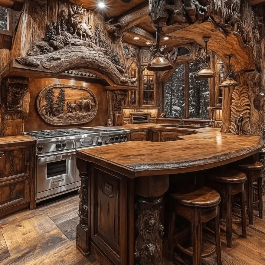 Rustic cabin kitchen with elaborate wildlife carvings on the wooden range hood and a large, curved island.