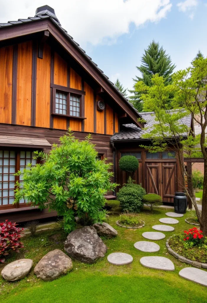 Japandi-style house with a circular stone pathway