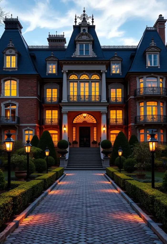 Modern Victorian home with a classic brick facade, illuminated arched entryway, intricate roofline details, and manicured landscaping, evoking historic charm.