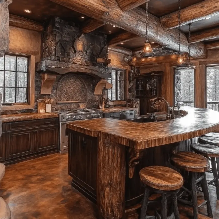 Rustic log cabin kitchen featuring a prominent stone range hood set between heavy timber ceiling beams.