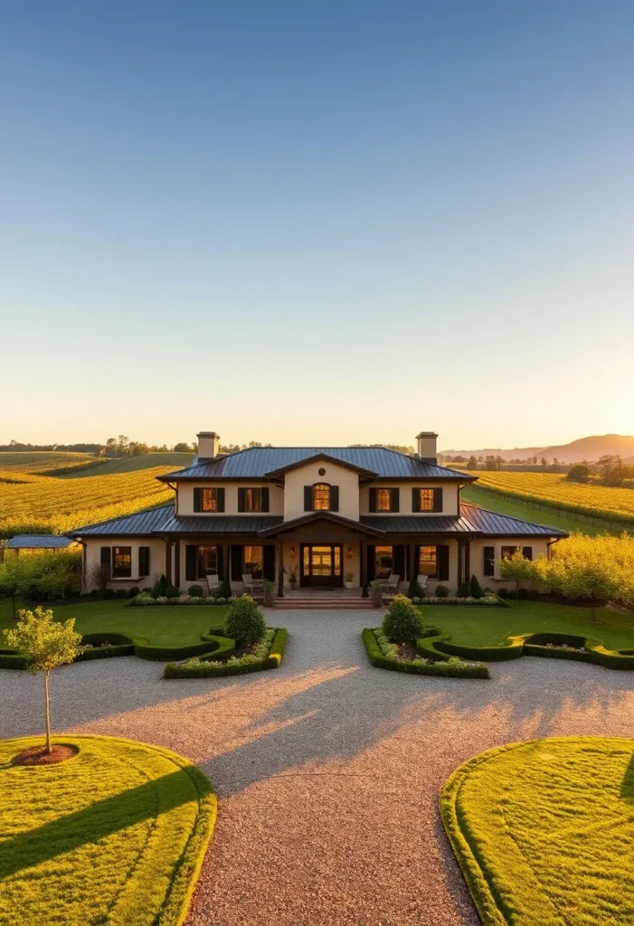 Estate with symmetrical landscaping and vineyards.