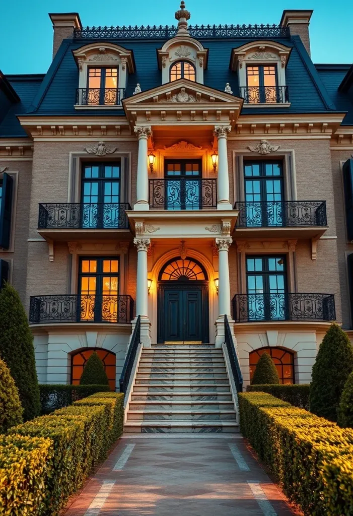 Modern Victorian mansion with a beige brick facade, blue-black roof and window accents, tall columns, and a grand staircase, showcasing sophisticated design.