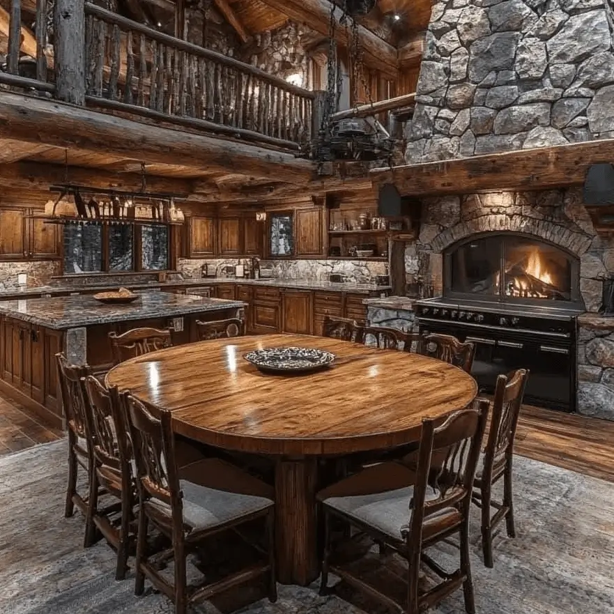 Grand, open-plan rustic cabin interior with a massive stone fireplace adjacent to the dining table.