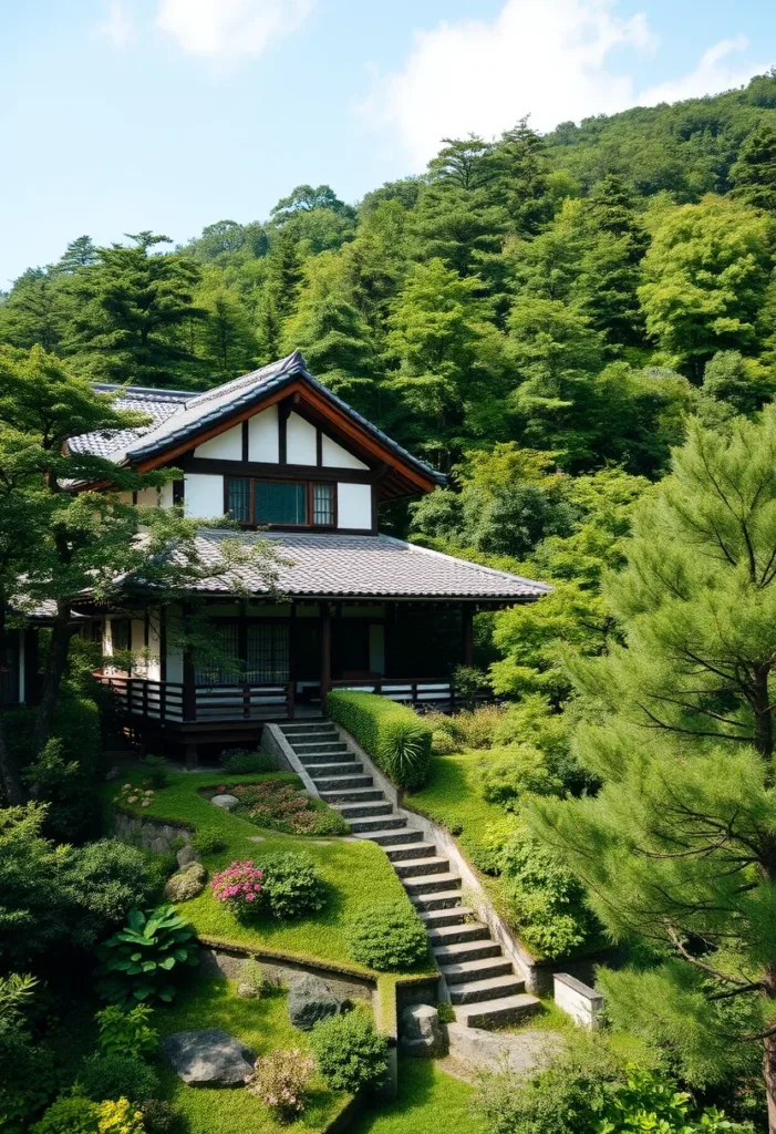 House integrated into a lush hillside, possibly Buke Yashiki in Echizen, Fukui