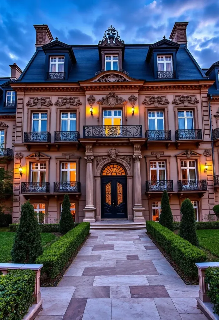 Modern Victorian home with an intricately detailed facade, charming Juliet balconies, dormer windows, and a grand entrance, showcasing a blend of ornate and modern design.