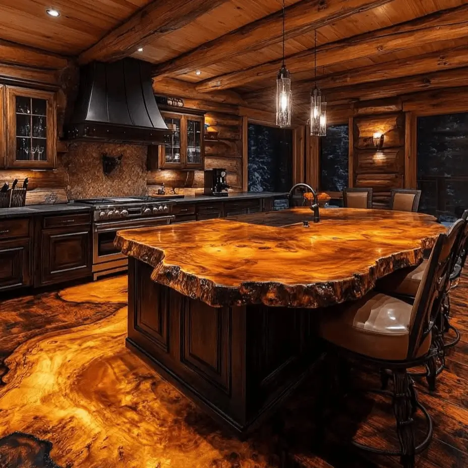 Modern rustic cabin kitchen featuring a live-edge island and flooring with a high-gloss, amber-colored epoxy finish.