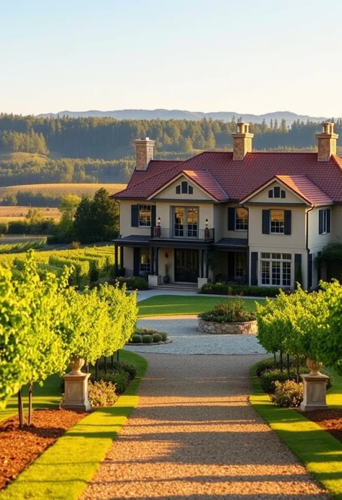 House with tree-lined driveway and vineyard views.