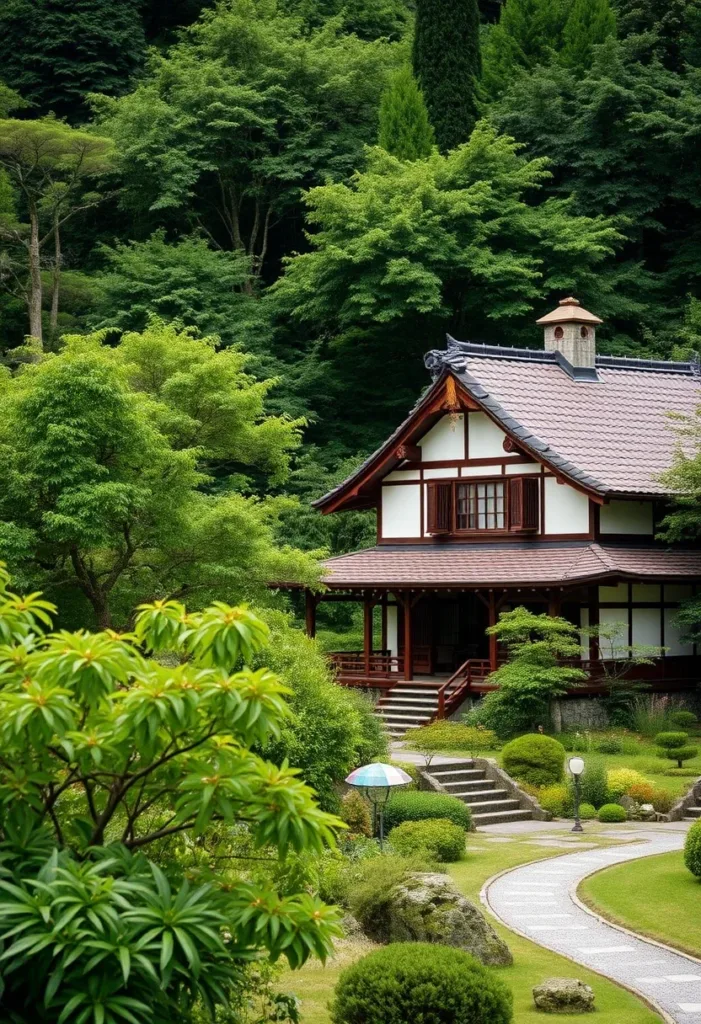 Japanese-style house with a meandering pathway