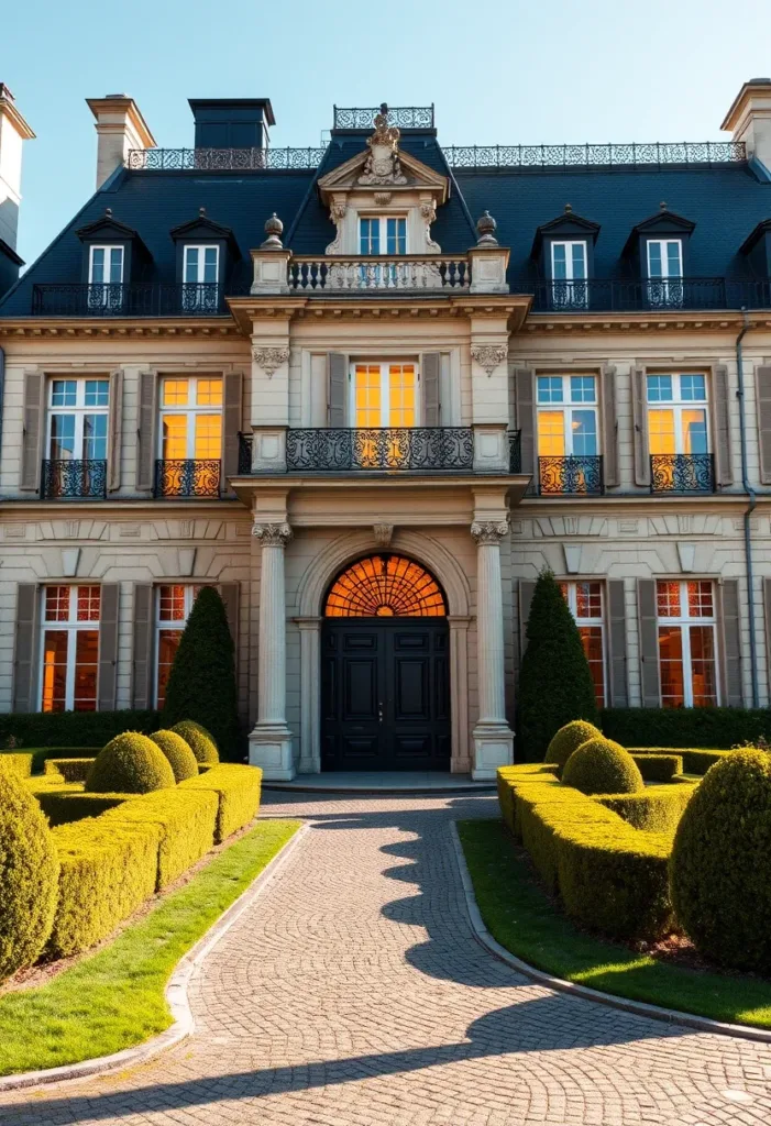 Modern Victorian home with a winding pathway, manicured hedges, a grand arched entryway with columns, and a warm color palette, showcasing inviting curb appeal.