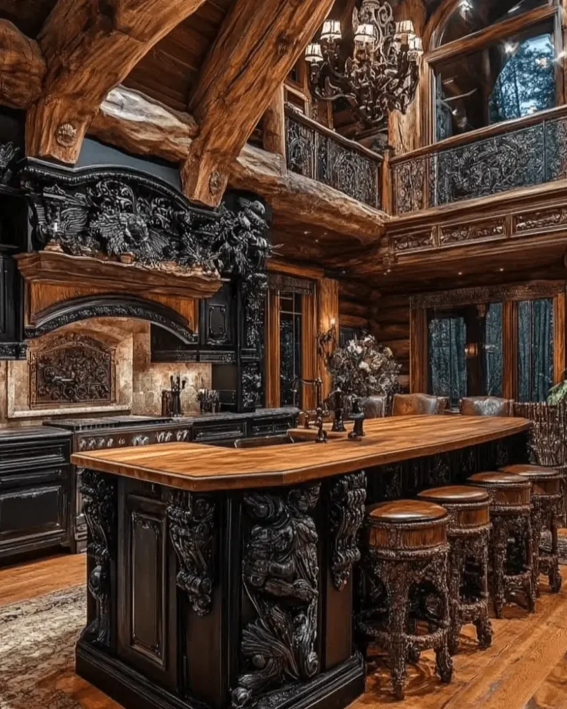Luxurious rustic cabin kitchen featuring dark, ornately carved cabinetry and a large island.