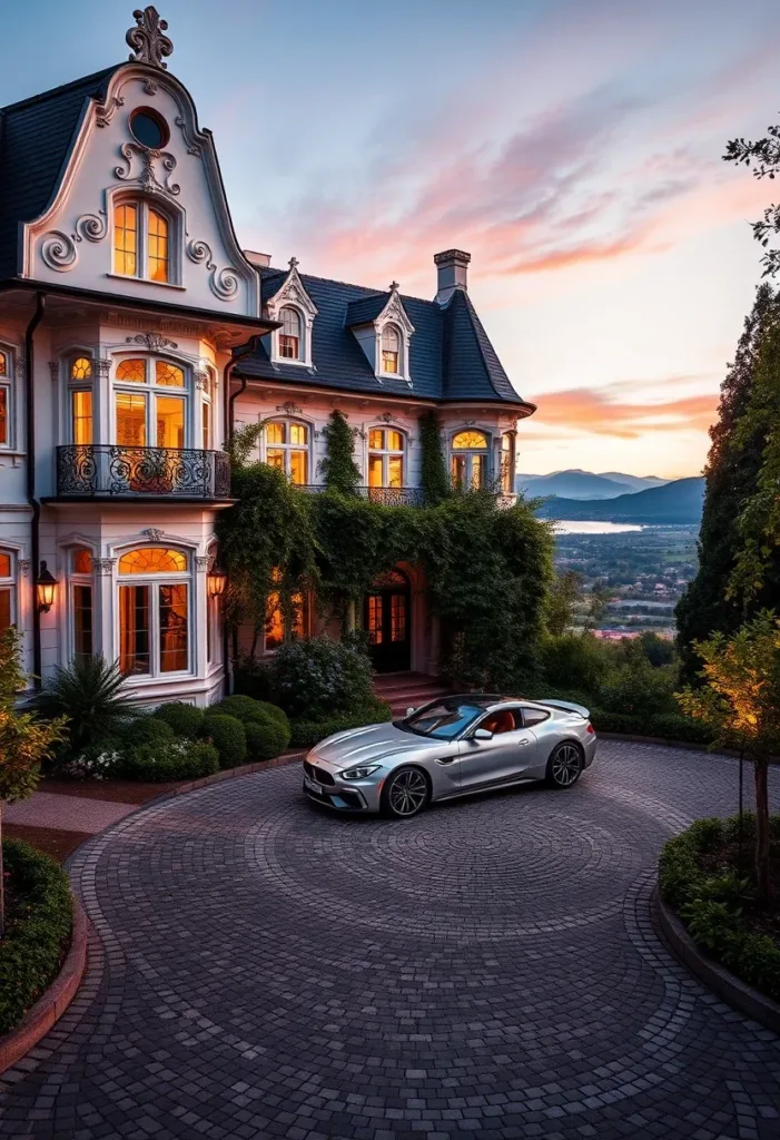 Modern Victorian home with illuminated turret, circular driveway, and lush landscaping at twilight, creating a romantic ambiance.