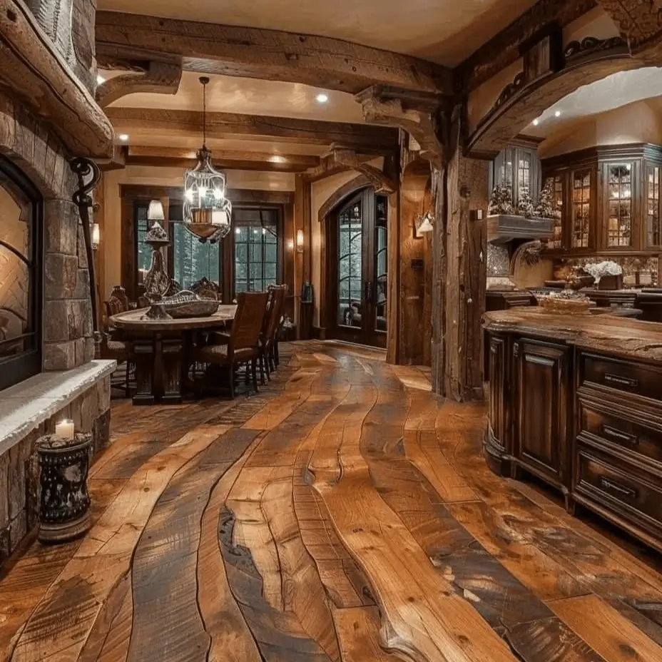 Rustic cabin interior featuring wide, wavy-edged wooden floorboards that flow through the space.