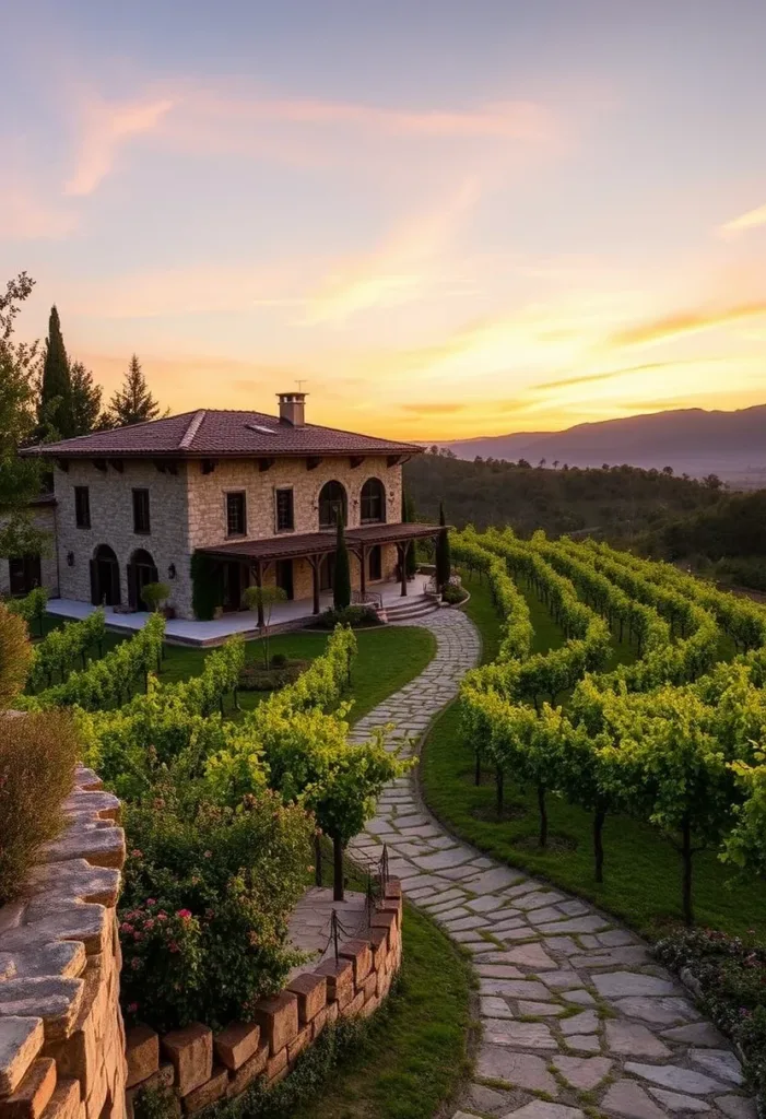 House with winding path through vineyard at sunset.