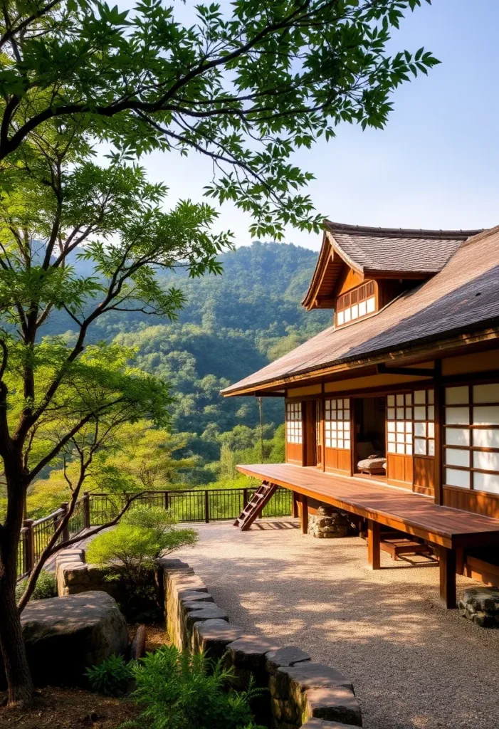 Japandi-style house with an overlook showcasing mountain views