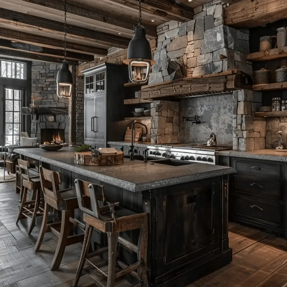 Modern rustic cabin kitchen with reclaimed wood ceilings, a stone range hood, and dark fixtures.