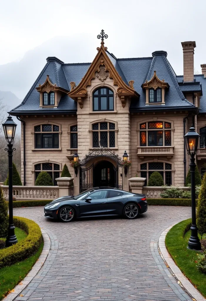 Modern Victorian home with Gothic-inspired details, a circular driveway, gaslight-style lamps, and a beige facade, showcasing a blend of historical styles and modern design.