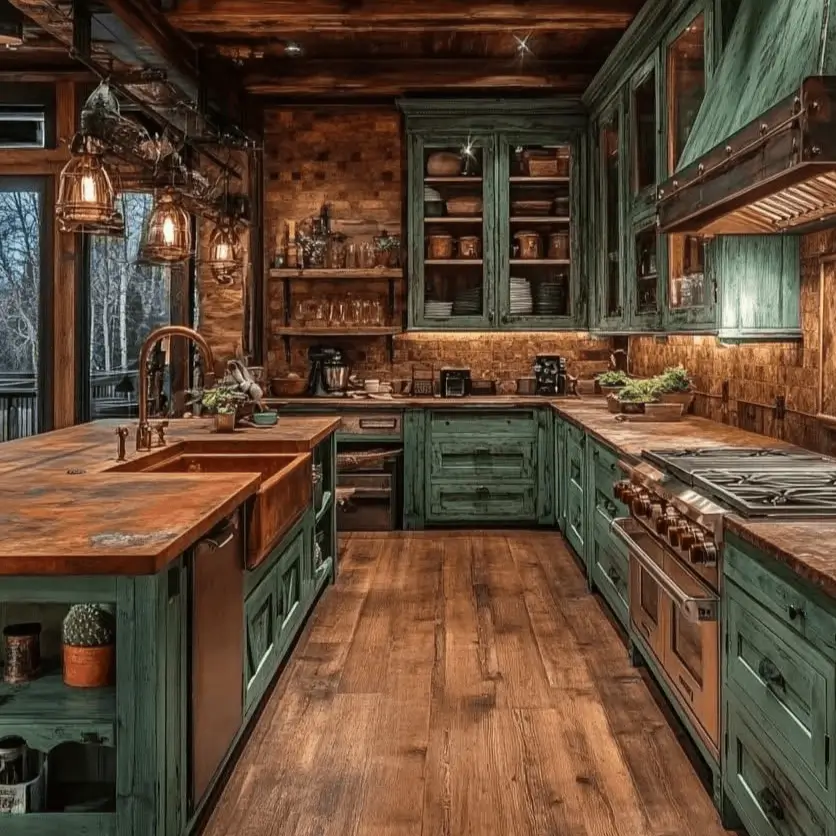 Rustic kitchen with weathered teal cabinetry, a copper farmhouse sink, and warm wood countertops.