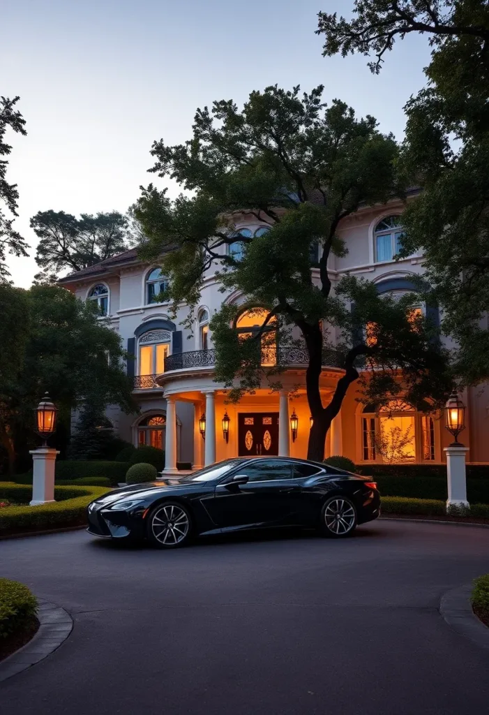 Modern Victorian home framed by mature trees, featuring rounded windows, a circular driveway, and a welcoming, illuminated entrance, showcasing natural beauty and elegant design.