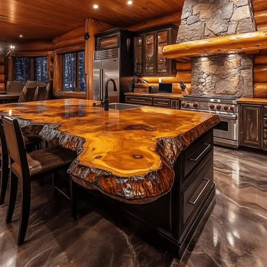 Modern rustic cabin kitchen featuring a large, high-gloss live-edge wood island and a stone range hood.