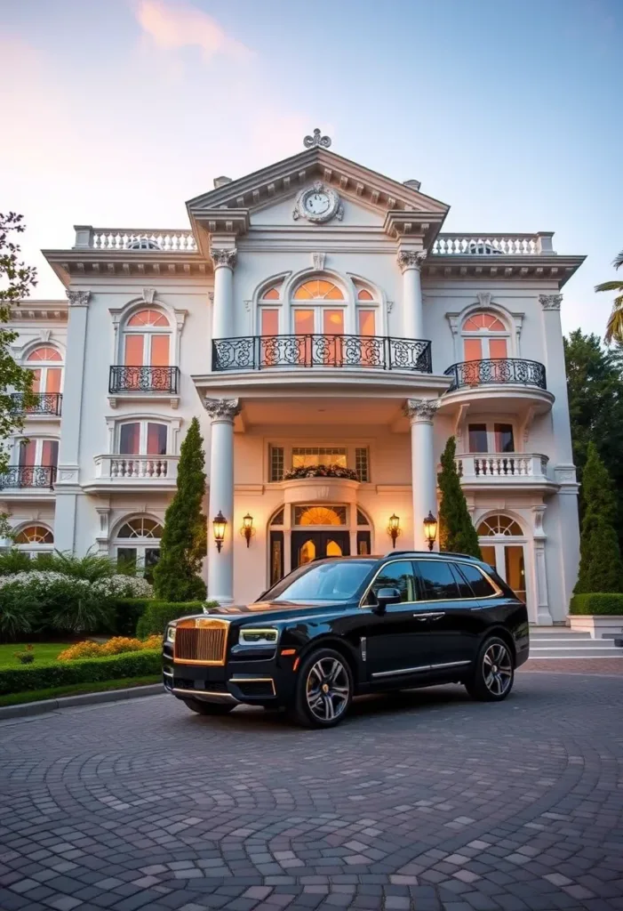 Modern Victorian home with a unique clock tower feature, ornate balconies, symmetrical design, and a white facade, blending historical charm with modern elegance.