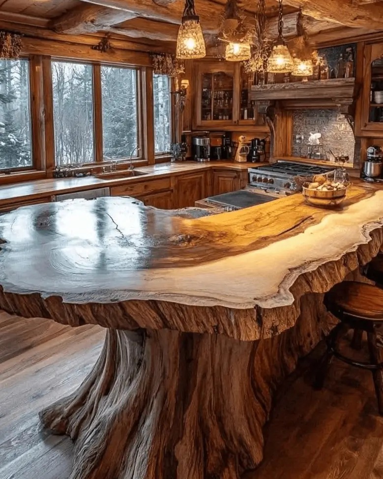 Rustic cabin kitchen with a striking island featuring a massive tree trunk base and a live-edge top.