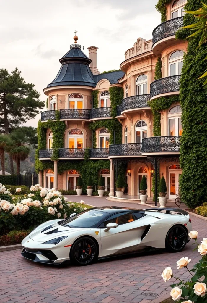 Modern Victorian home with a romantic turret, vine-covered walls, multiple balconies, and a circular driveway, blending fairytale charm with natural beauty.