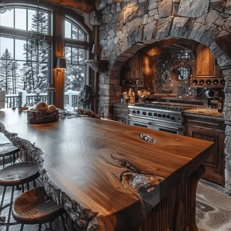 Rustic cabin kitchen with a massive live-edge island and a heavy stone arch over the stove.