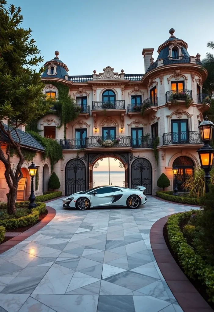 Modern Victorian home with two turrets, a gated courtyard, arched and rounded windows, and warm exterior lighting, showcasing a unique and inviting design.