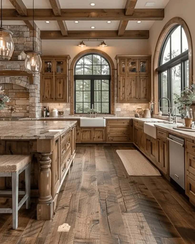 Elegant rustic kitchen with natural wood cabinets, coffered ceilings, and large arched windows.