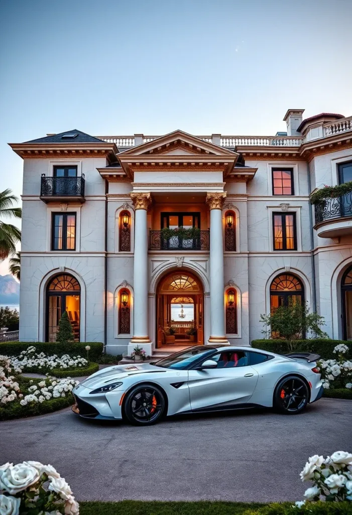 Modern Victorian home featuring abundant white rose landscaping, gold architectural accents, a grand arched entryway with columns, and a circular driveway, exuding elegance.