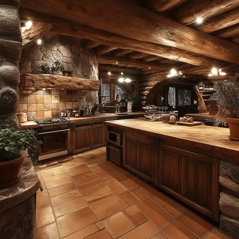 Rustic log cabin kitchen with terracotta tile flooring, heavy timber beams, and stone pillars.