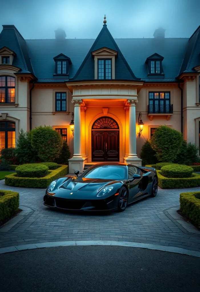 Modern Victorian home with a moody exterior color palette, a steeply pitched roof, dormer windows, and an illuminated arched doorway, creating a dramatic aesthetic.