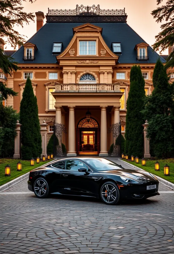 Modern Victorian home featuring tall windows, a wrap-around driveway, a grand portico with columns, and a dark roof, showcasing a blend of practicality and elegance.