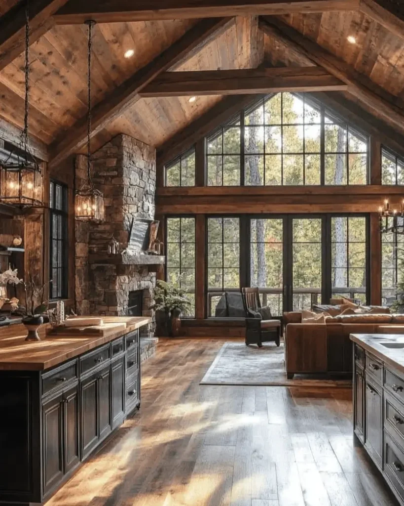 Modern rustic great room with a vaulted wood ceiling, stone fireplace, and a large A-frame window.
