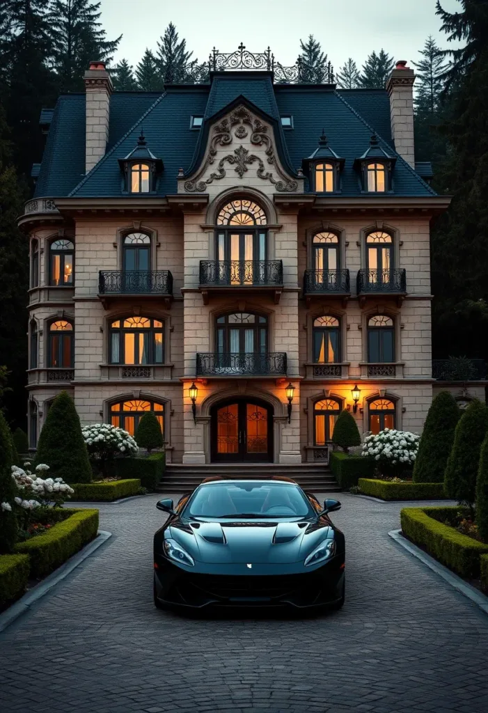 : Modern Victorian home in a forest setting, featuring ornate ironwork on balconies and entrance, a curving driveway, and a steeply pitched roof, blending elegance with nature.