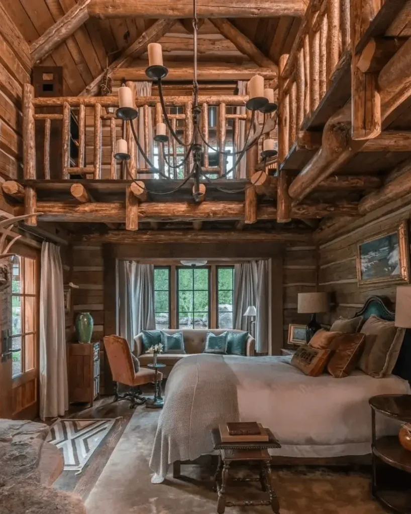 Rustic cabin bedroom with a high vaulted ceiling, a loft, and a large candle-style chandelier.