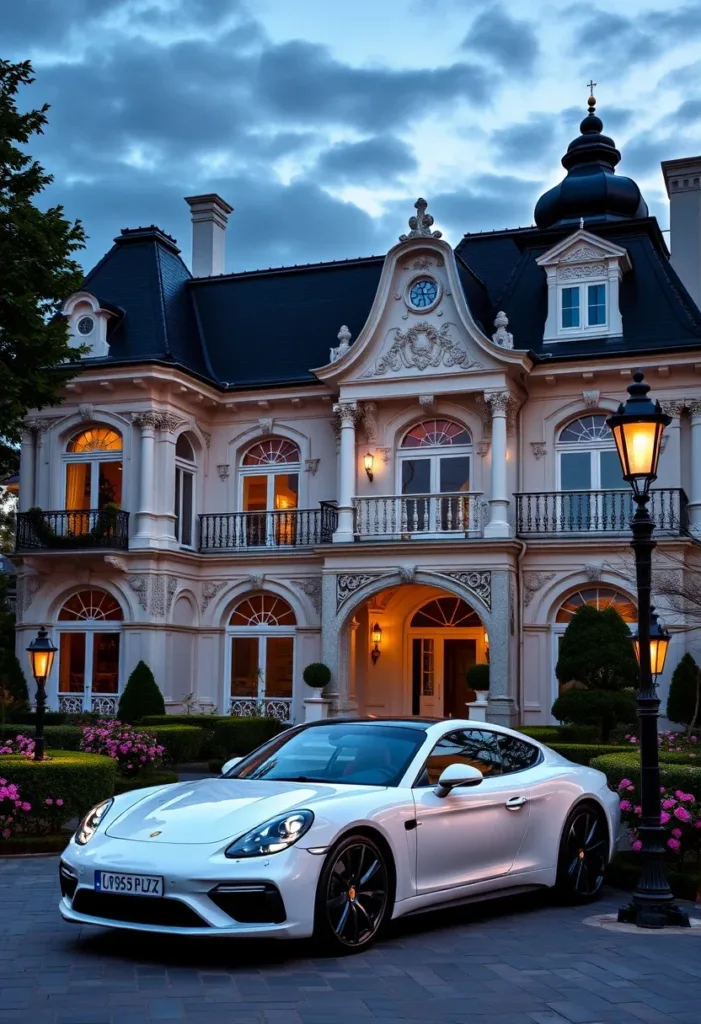 Illuminated Modern Victorian house at night, showcasing arched doorways, detailed facade, and contrasting roof, highlighting architectural beauty.