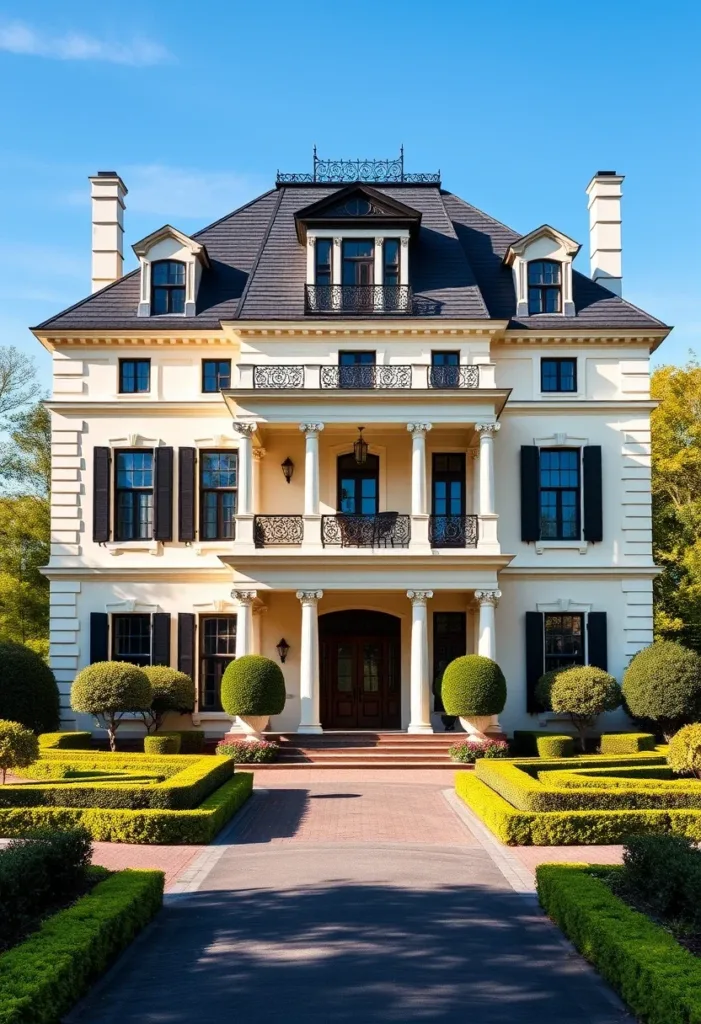 Modern Victorian home with black shutters, symmetrical landscaping, a grand portico with columns, and a light-colored facade, showcasing a blend of classic and contemporary design.