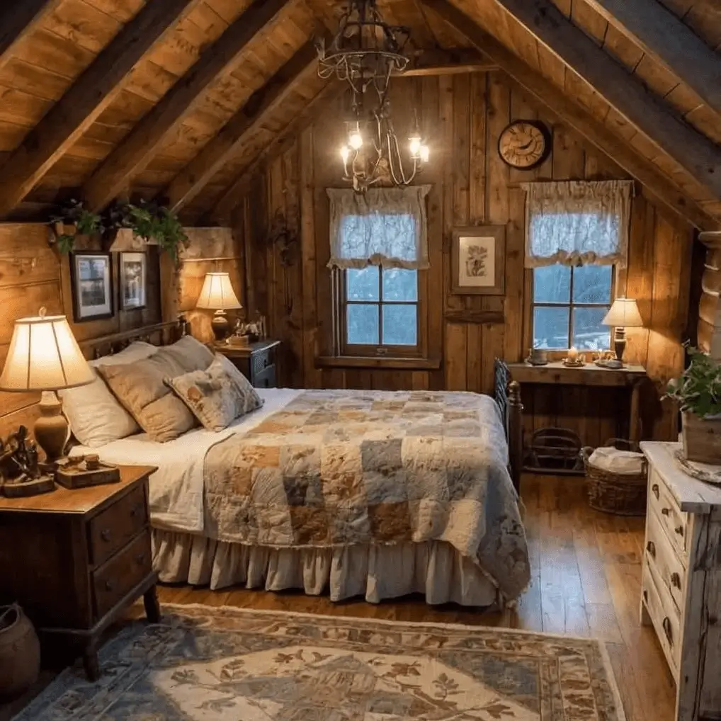 Cozy rustic attic bedroom with wood-paneled walls and a traditional patchwork quilt on the bed.