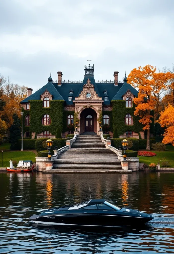 Modern Victorian waterfront home with a grand staircase, lush greenery, a clock tower element, and a dark roof, blending architectural grandeur with a natural setting.