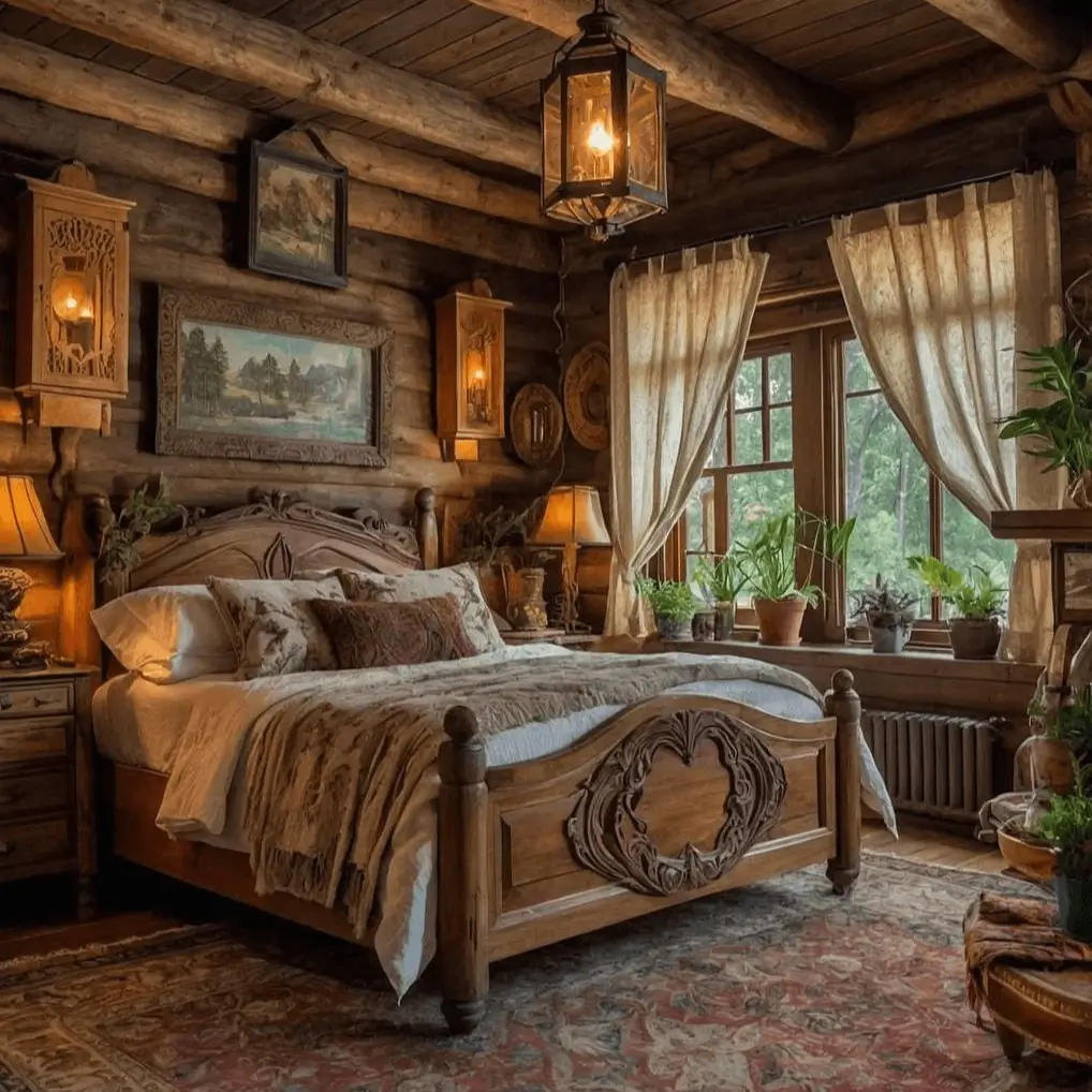 Classic log cabin bedroom featuring a carved wooden bed, traditional furnishings, and warm lantern-style lighting.
