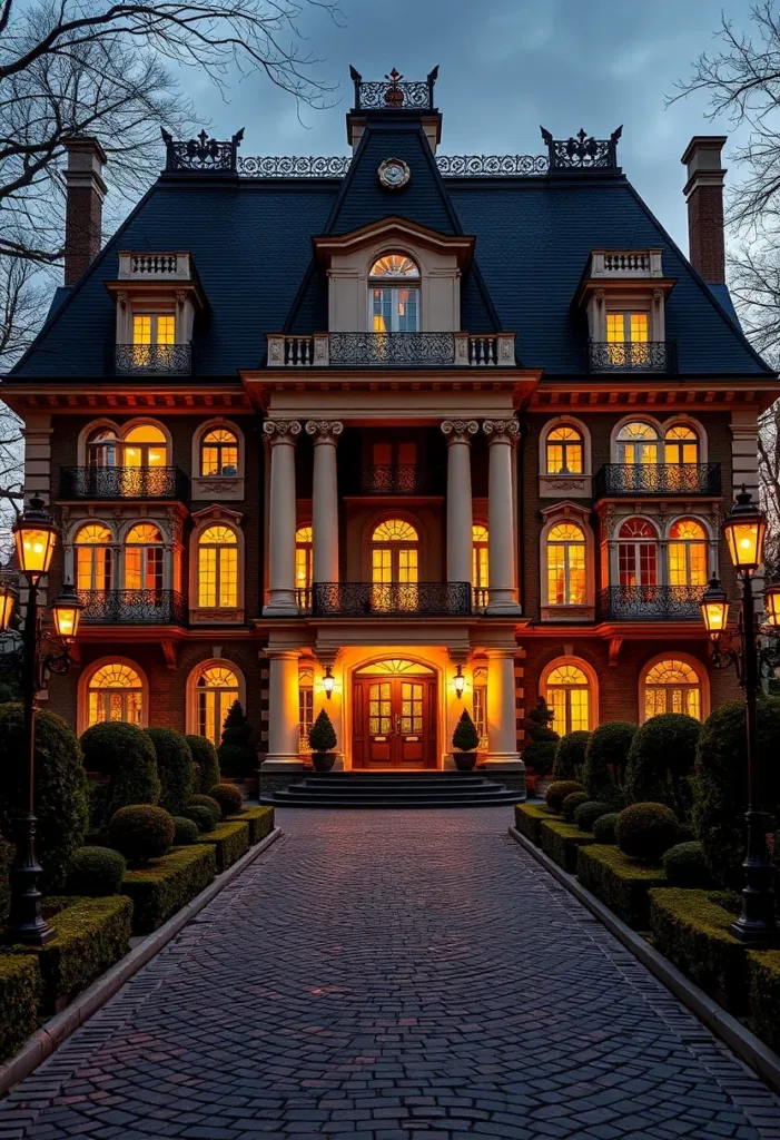 Modern Victorian home with a red brick facade, illuminated windows, a steeply pitched roof with dormers, and a grand entrance, showcasing traditional charm and warmth.