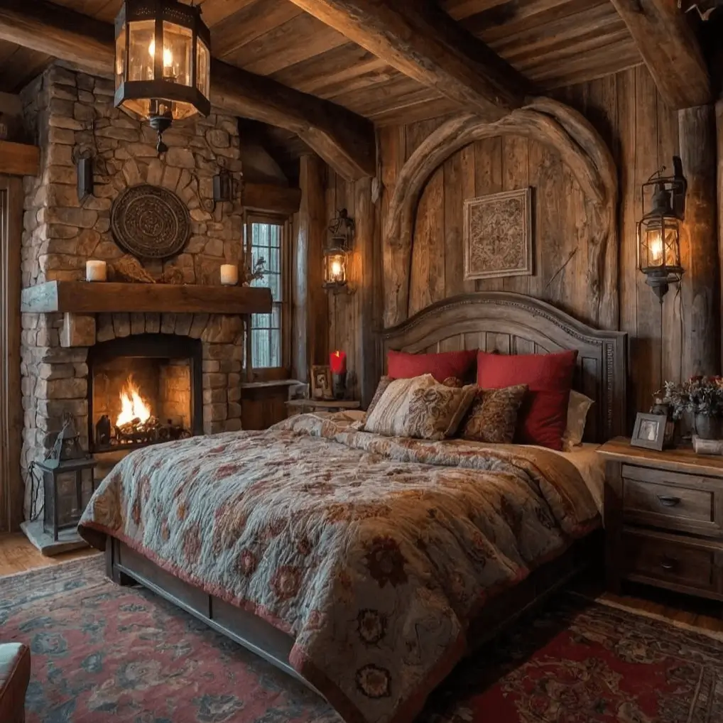 Rustic cabin bedroom featuring a cozy stone fireplace, heavy wood beams, and warm lantern lighting.