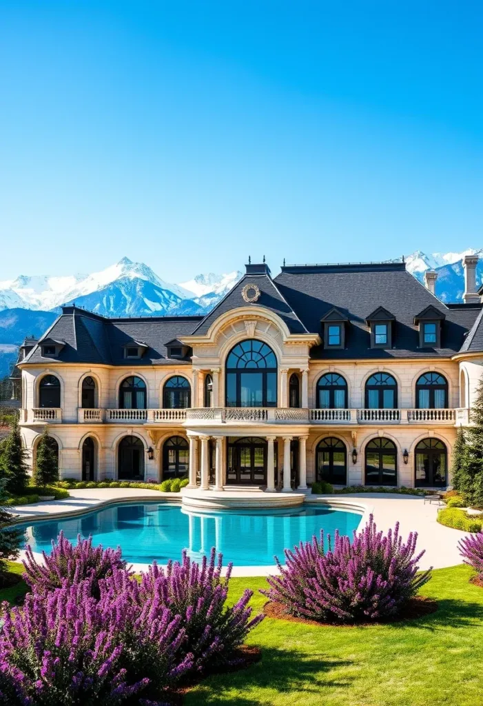 Modern Victorian home with stunning mountain views, a large circular pool, a light-colored facade, and a dark roof, showcasing luxurious outdoor living.