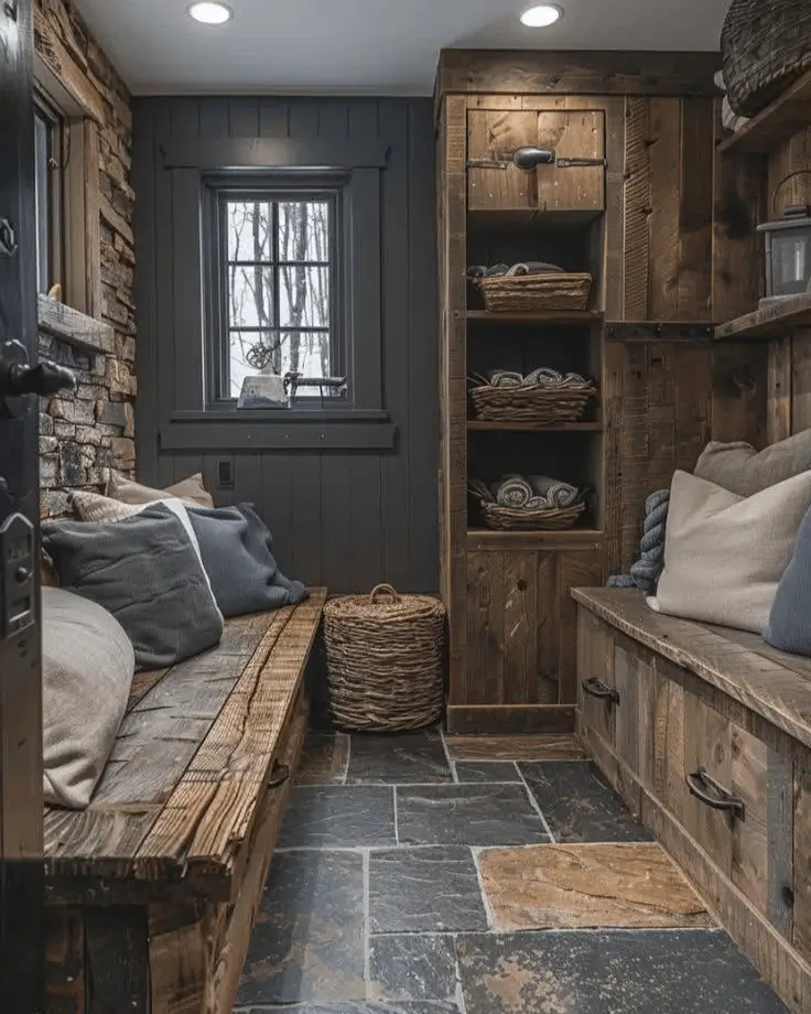 Rustic cabin mudroom with reclaimed wood storage benches, slate flooring, and dark paneled walls.