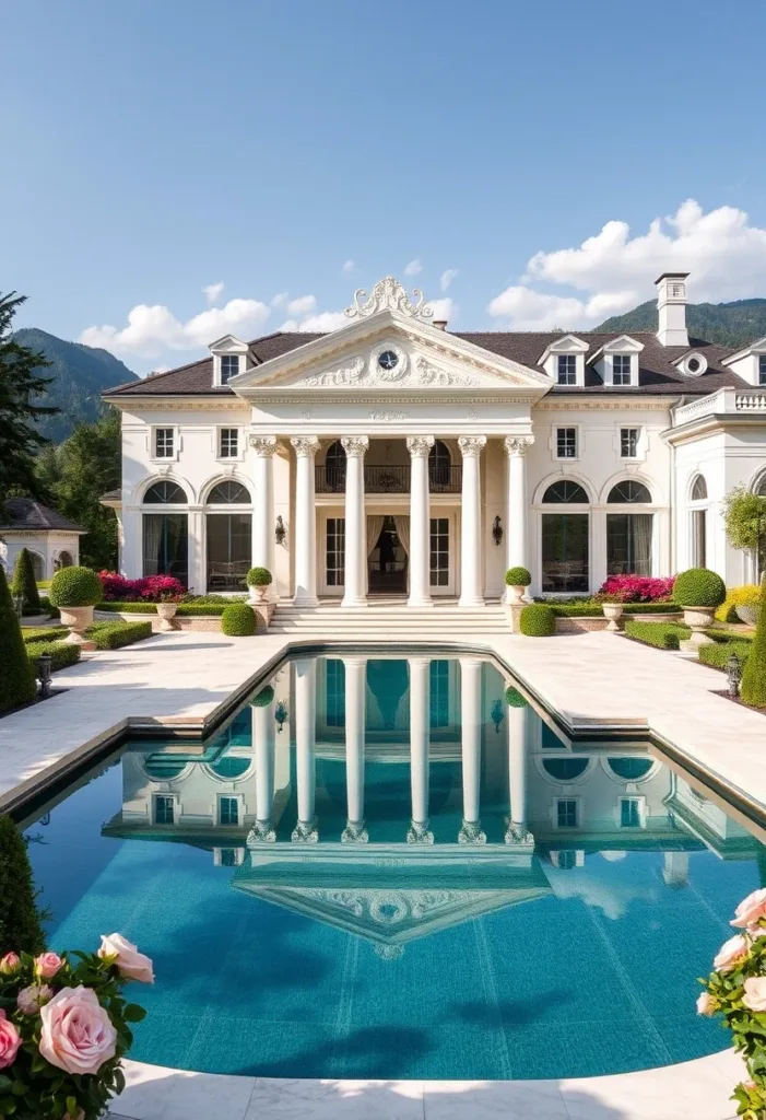 Modern Victorian home with a reflecting pool, classical details including a pediment and columns, a symmetrical design, and a white facade, showcasing timeless elegance.