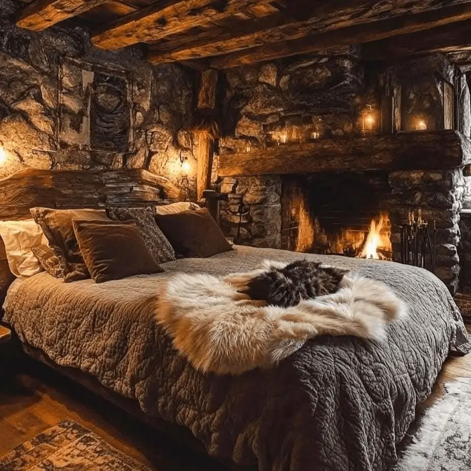 Rustic cabin bedroom with rough stone walls, a fireplace, and a bed topped with a faux fur throw.